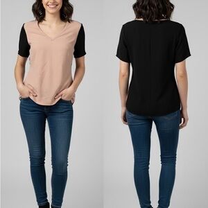 Chic V-Neck Black and Tan Blouse